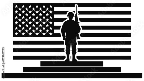Soldier standing before American flag military stars