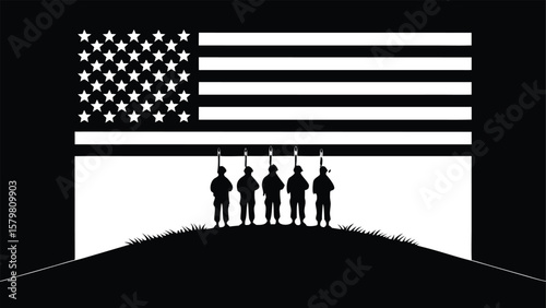 Soldiers standing beneath American flag stars stripes
