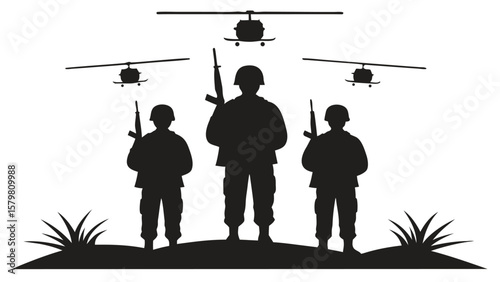 Three soldiers and helicopters military black silhouette