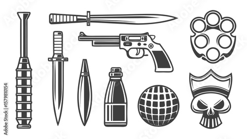 Weapons and symbols collection knife brass knuckles