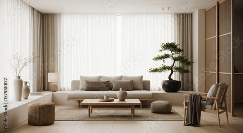 Modern Living Room Interior with Bonsai Tree, Neutral Tones.