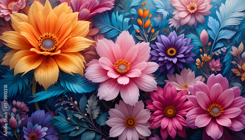 Surreal Floral Arrangement with Vibrant Blooms and Colorful Foliage – Conceptual Still Life Representing Botanical Fantasy, Emotional Color, and Visual Opulence
