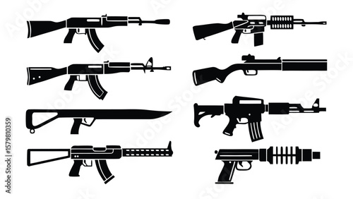 Assorted black firearms and knife rifle assault rifle
