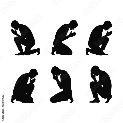 Silhouette Collection Men Kneeling in Prayer, Seeking Guidance, Contemplation, or Repentance