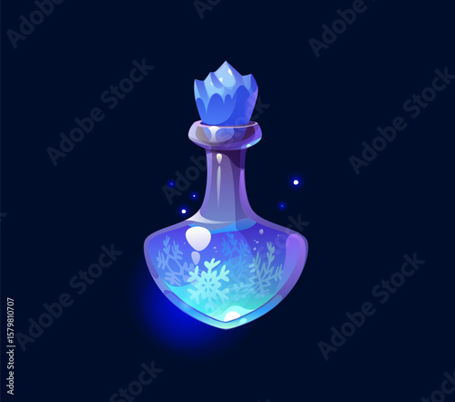 Halloween magic potion or witch elixir poison with frozen spell, cartoon vector. Magic potion with snow freeze spell and ice cork for Halloween game asset, blue liquid elixir in crystal glass bottle