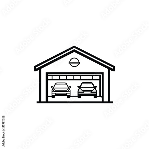 Black and White Line Art Illustration of Two Cars Inside a Garage Structure