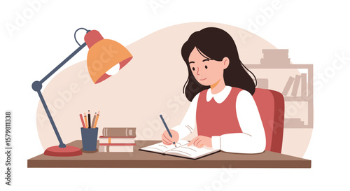 Girl Writing in Notebook on Study Desk vector
