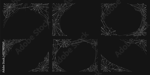 Realistic Halloween spider cobweb frames. Web, spiderweb vector set. Spooky spider net borders. Scary backgrounds or templates for greeting cards, eerie insects trap framing for holiday celebrations