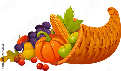 Cornucopia happy Thanksgiving holiday and harvest symbol. Isolated vector horn with plenty of fruits and vegetables. Apple, pear, grape and berries, autumn leaves, acorn and ripe orange pumpkin