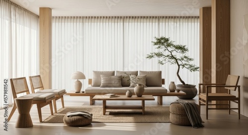 Modern Minimalist Living Room with Wooden Furniture and Greenery