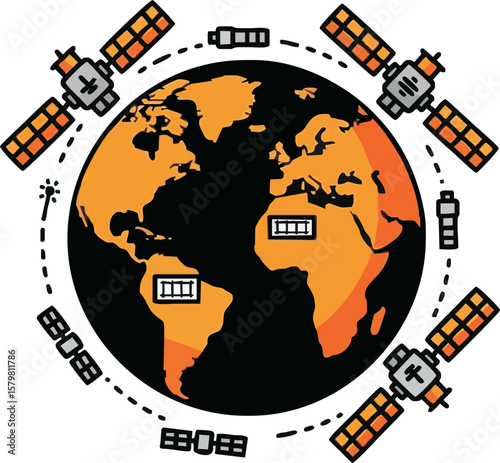 Earth orbited by a network of communication satellites.