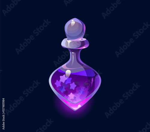 Wizard magic potion bottle, elixir and poison. Cartoon vector mystical vial filled with a vibrant purple liquid and decorated with star shapes, Brew for wizardry, alchemy and mythical adventure games