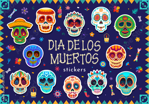 Day of dead Mexican calavera sugar skulls. Dia de los muertos stickers pack. Vector patches with calaca heads richly decorated with intricate motifs for celebrating and embracing culture of Mexico