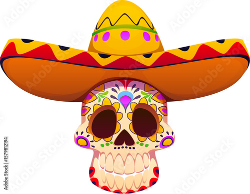 Cartoon day of the dead dia de los Muertos skull in Mexican sombrero with traditional colorful pattern. Isolated vector mariachi calaca head, symbol of celebrating national Halloween holiday festival