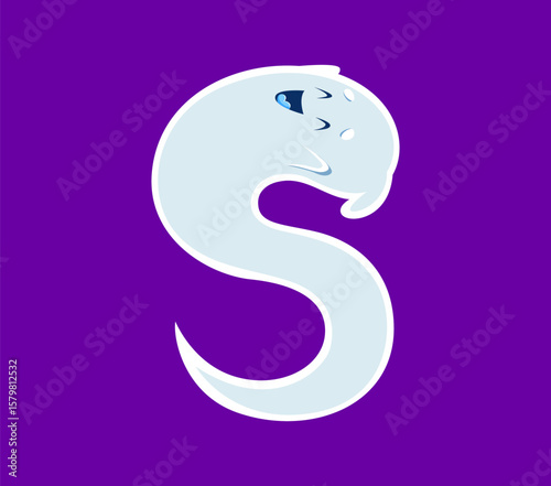 Halloween font S letter ghost cartoon happy character. Scary spirit personage latin alphabet symbol, horror ghost mascot or spooky phantom character English ABC vector letter. Font typeset element