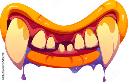 Halloween scary monster drool jaw with sharp fangs. Vampire or ghoul monster isolated vector maw, Halloween beast ugly mouth with sharp fangs and dripping saliva. Horror creepy creature roaring maw