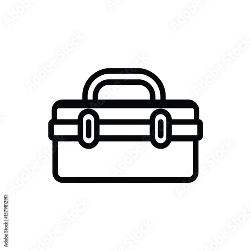 Black outline of closed tool box with handle, latch, and storage compartment