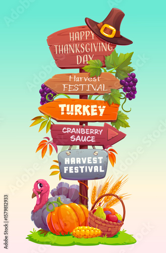 Thanksgiving holiday sign board with autumn harvest on wooden signage, vector signboard. Thanksgiving day sign board and direction arrows to harvest festival with turkey and autumn leaves and pumpkin