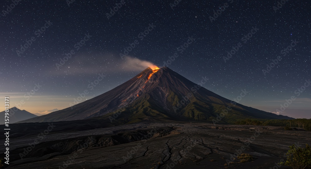 Fototapeta premium Active volcano erupting lava flows under a starry night sky