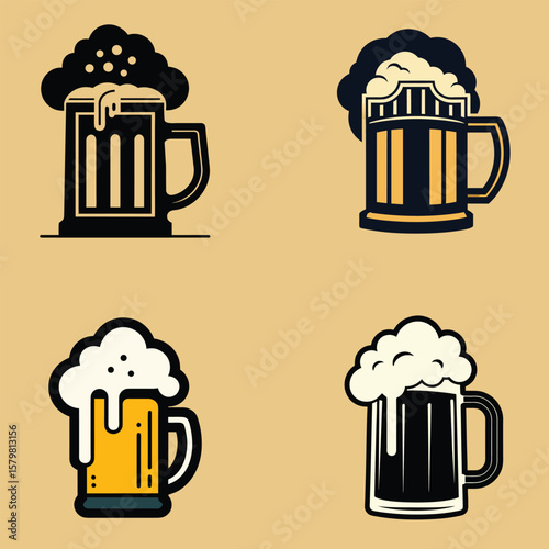 Four stylish beer mug illustrations featuring different designs and frothy beer foam on beige background