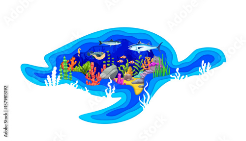 Paper cut turtle silhouette with underwater landscape, seaweeds and fish shoals, cartoon vector. Coral reef tropical fishes, seahorse, tuna with mackerel in paper cut sea or ocean underwater landscape