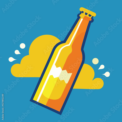 Illustration of a beer bottle with clouds and drops against a vibrant blue background
