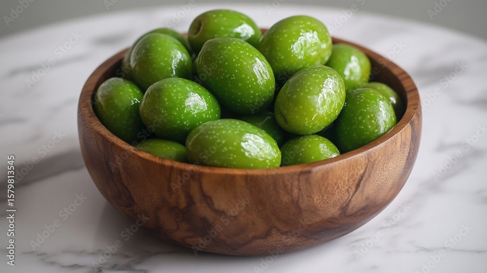 A wooden bowl overflowing with plump, green olives, sitting on a marble surface A wooden bowl overflowing with plump, green olives, sitting on a marble surface