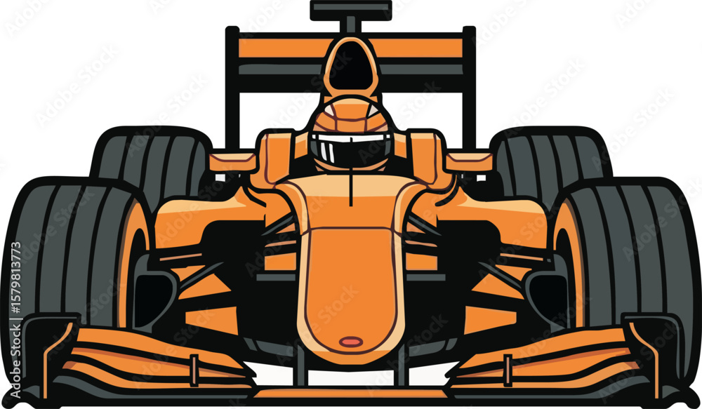 Fototapeta premium Orange Formula One race car, driver in helmet, front view, cartoon style.