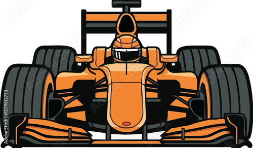 Orange Formula One race car, driver in helmet, front view, cartoon style.