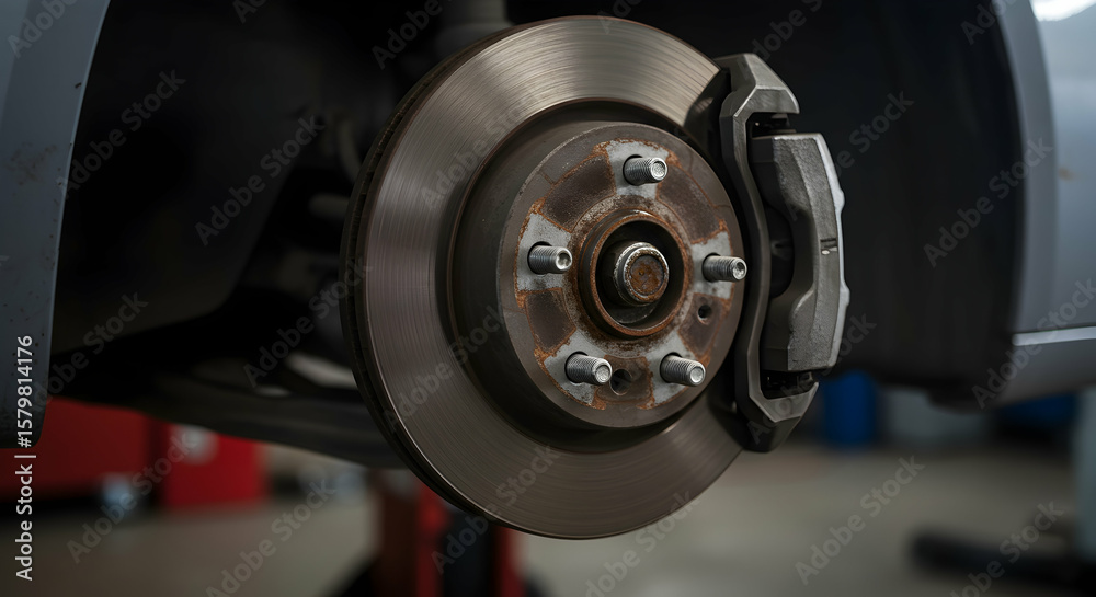 Close-Up View of a Rusty Brake Disc and Caliper Assembly in an Automotive Workshop Environment Close-Up View of a Rusty Brake Disc and Caliper Assembly in an Automotive Workshop Environment
