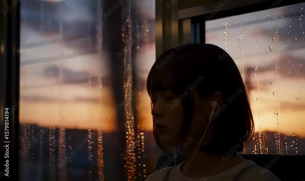 Woman with headphones near a rainy window observes a tranquil sunset, offering a pensive and atmospheric mood