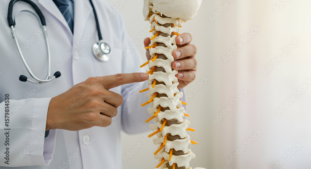 Fototapeta premium Doctor Explaining Human Spine Anatomy Using Model During Consultation in Medical Office