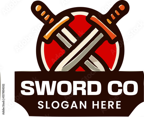 A stylized logo featuring crossed swords, a red circle, and text.