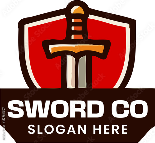 A stylized logo featuring a sword piercing a shield, with text below.