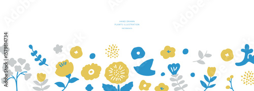 北欧風の草木と花のイラストセット。夏の草花の北欧風フレーム。かわいい花の背景。A set of illustrations of Scandinavian-style plants and flowers. Scandinavian-style frame of summer flowers. Cute floral background.