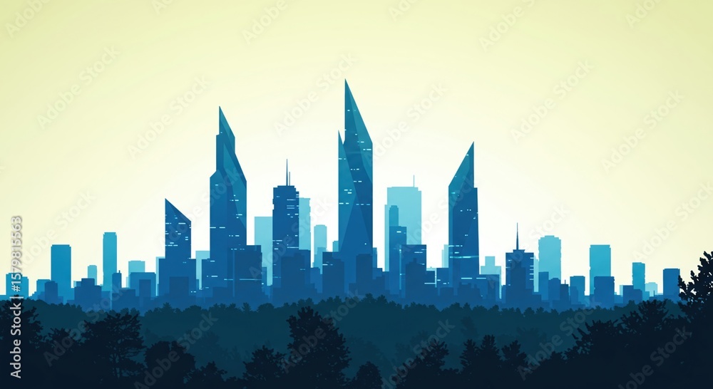 Fototapeta premium Cityscape silhouette of buildings and trees in blue tones
