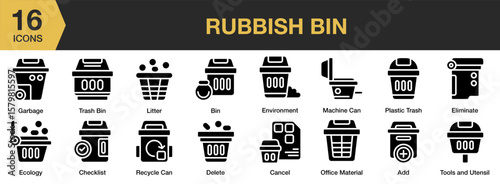 Rubbish Bin solid icon set. Includes container, waste, ecology, pollution, recycle, and More. Solid icons vector collection.