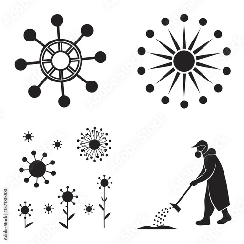 Abstract circular shapes and person with protective gear dots spikes