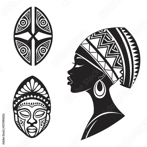 African tribal woman profile and masks with geometric patterns vector