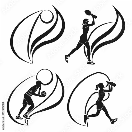 Athletic figures in motion with abstract shapes sports athletes