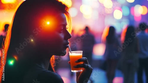Young Woman Holding Drink Walking Through Vibrant Nighttime Crowd at Festival or Concert
