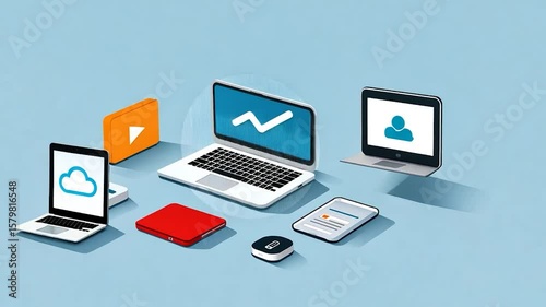 Digital Data Transfer and Cloud Computing Illustration with Modern Technology Devices