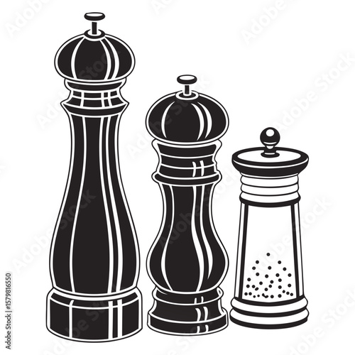 Black and white silhouette of three spice grinders and shakers seasoning salt