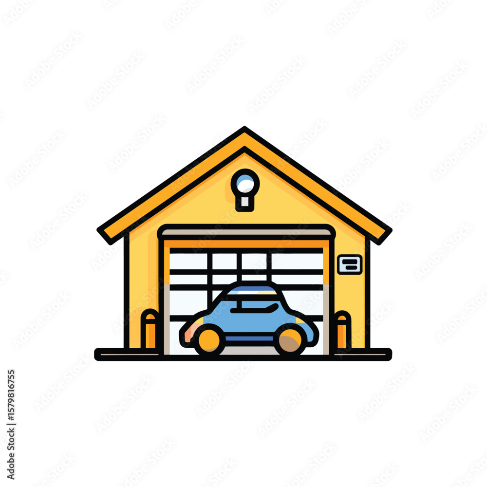 Colorful Cartoon Depiction Blue Car Parked Inside Yellow Garage with Black Outlines and White Background Colorful Cartoon Depiction Blue Car Parked Inside Yellow Garage with Black Outlines and White Background