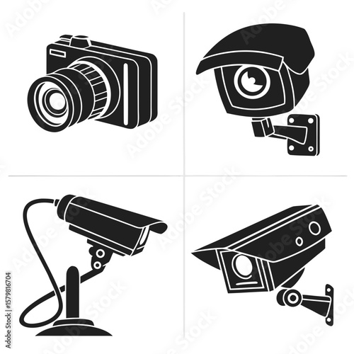 Black camera and security equipment silhouettes surveillance technology