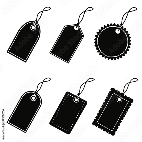 Black clothing tags and price labels with strings retail tags blank tags