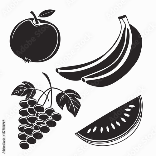 Black fruit silhouettes apple banana grapes watermelon slice vector