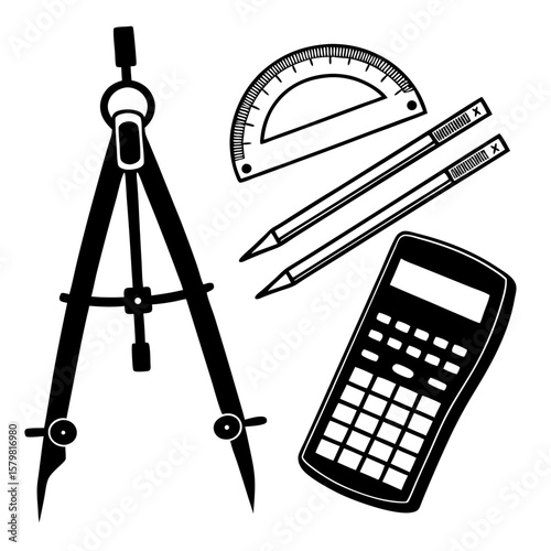 Black geometric drawing tools and calculator compass protractor