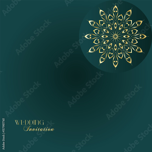Elegant Gold Mandala Wedding Invitation Template on Dark Green Background