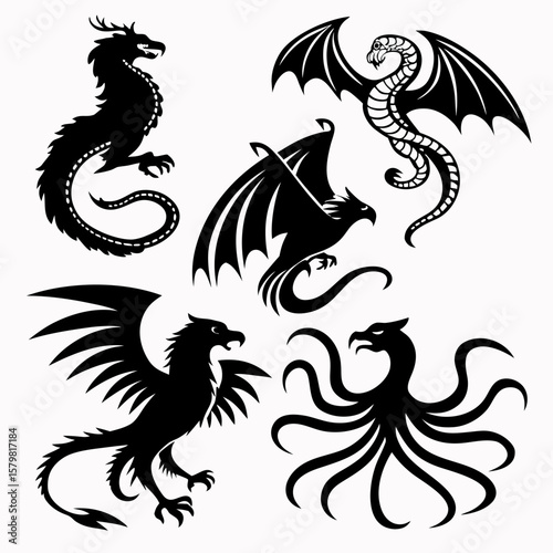Black mythological creature silhouettes on white background dragon phoenix